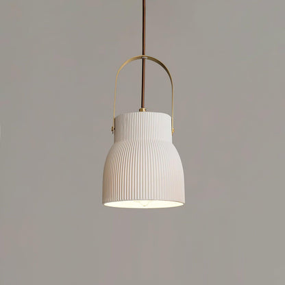 Ribbed White Ceramic And Brass Handle Pendant Lamp