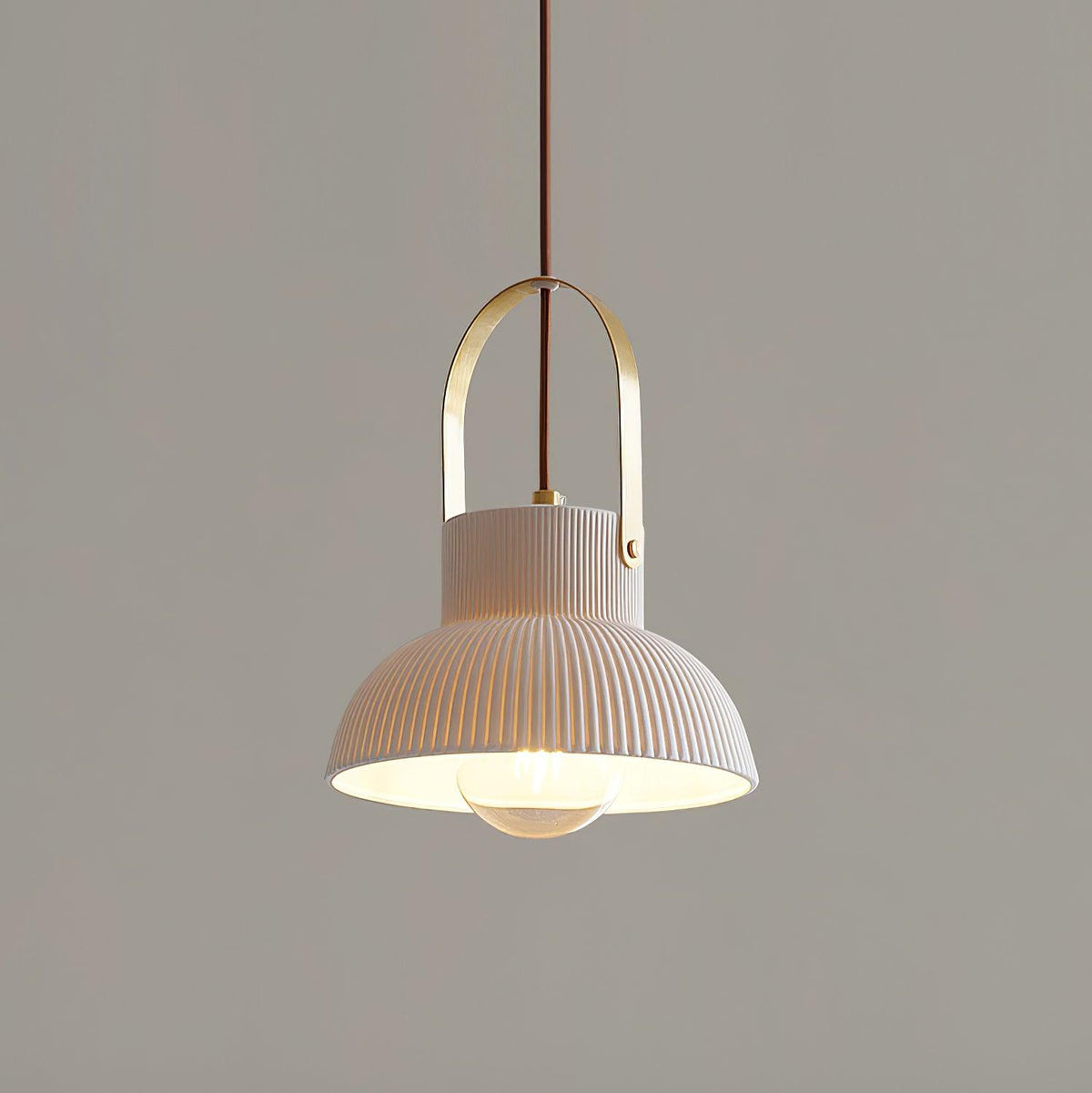 Ribbed White Ceramic And Brass Handle Pendant Lamp