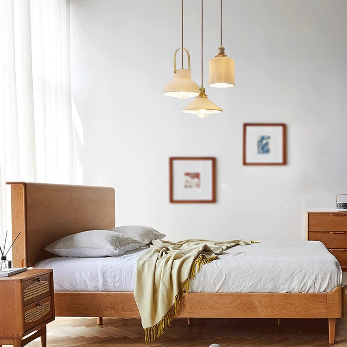 Ribbed White Ceramic And Brass Handle Pendant Lamp