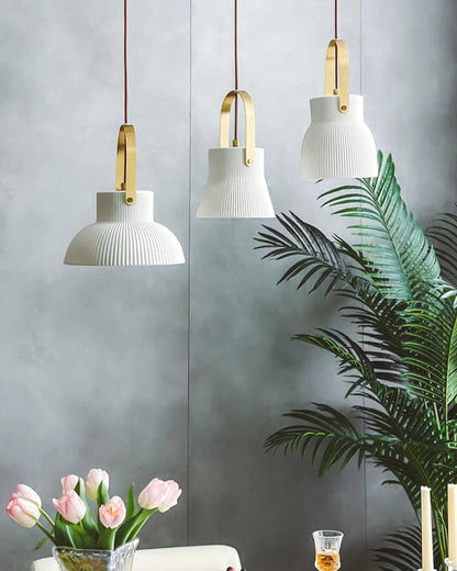 Ribbed White Ceramic And Brass Handle Pendant Lamp
