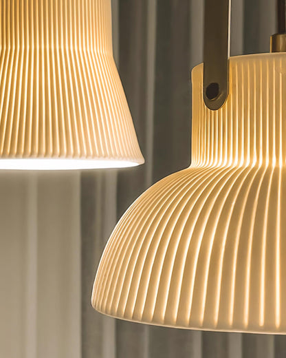Ribbed White Ceramic And Brass Handle Pendant Lamp