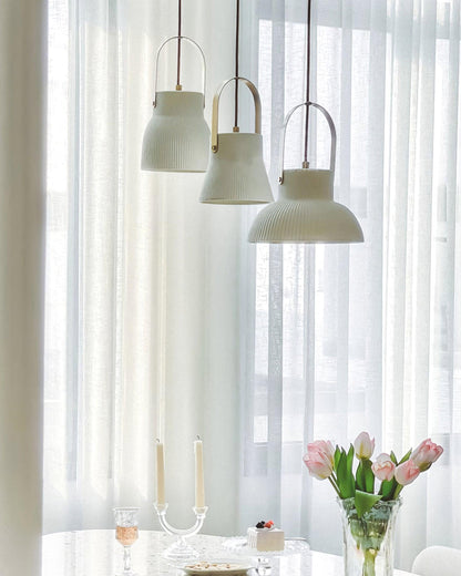 Ribbed White Ceramic And Brass Handle Pendant Lamp
