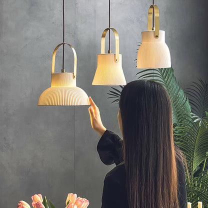 Ribbed White Ceramic And Brass Handle Pendant Lamp