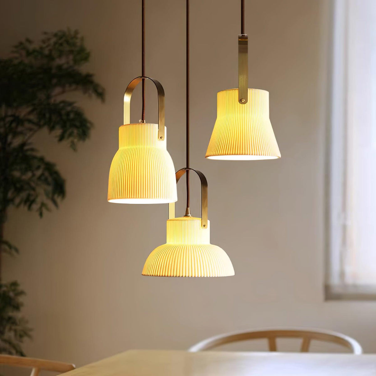 Ribbed White Ceramic And Brass Handle Pendant Lamp