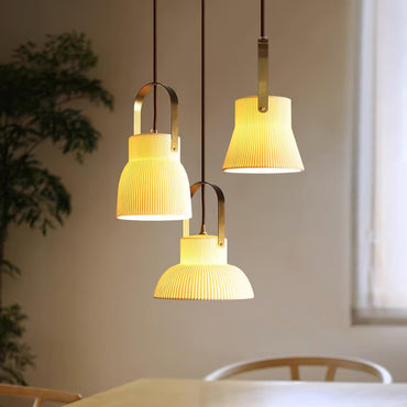 Ribbed White Ceramic And Brass Handle Pendant Lamp