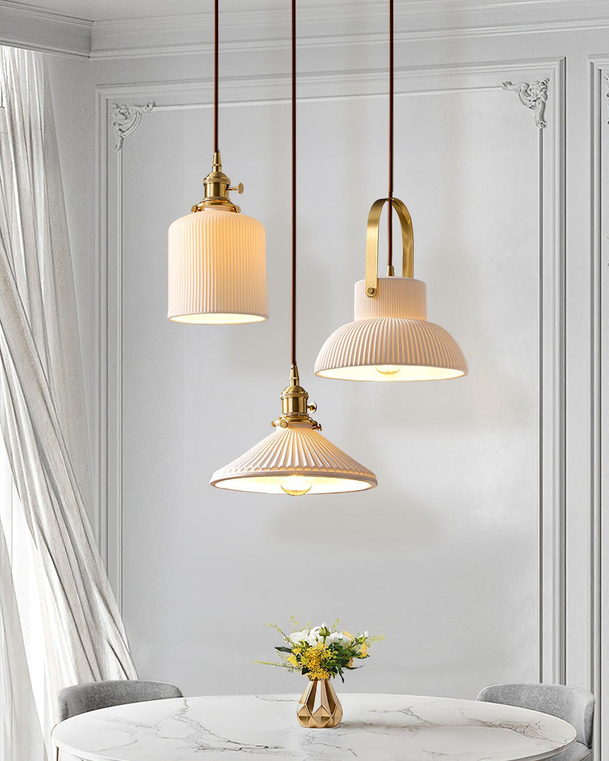 Ribbed White Ceramic And Brass Handle Pendant Lamp