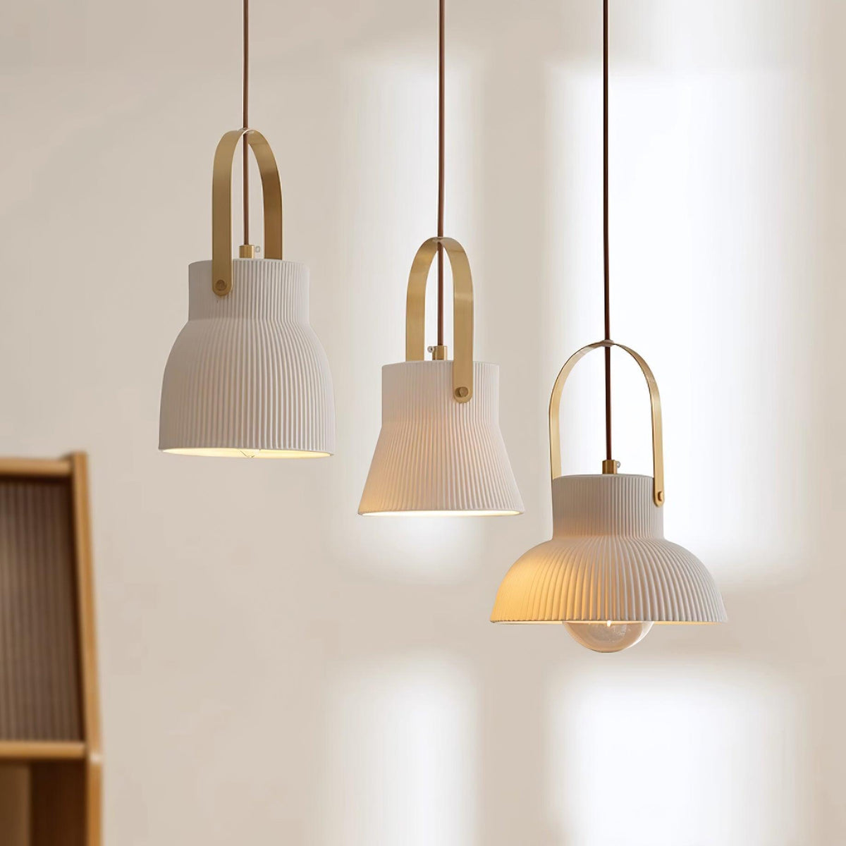 Ribbed White Ceramic And Brass Handle Pendant Lamp