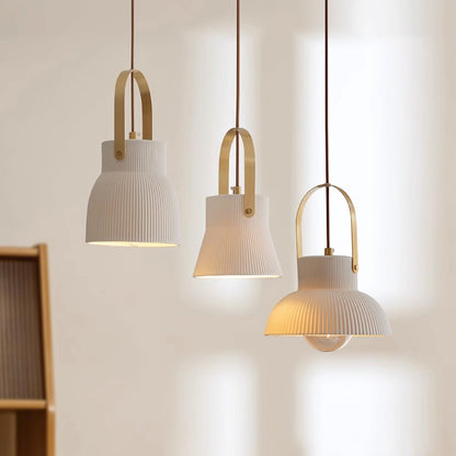 Ribbed White Ceramic And Brass Handle Pendant Lamp