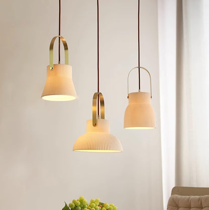 Ribbed White Ceramic And Brass Handle Pendant Lamp
