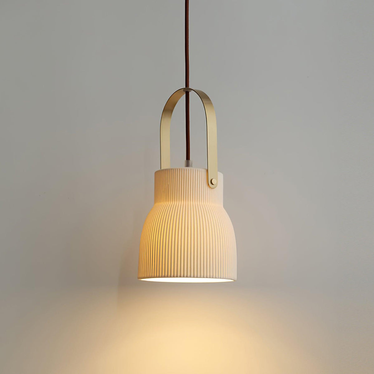 Ribbed White Ceramic And Brass Handle Pendant Lamp
