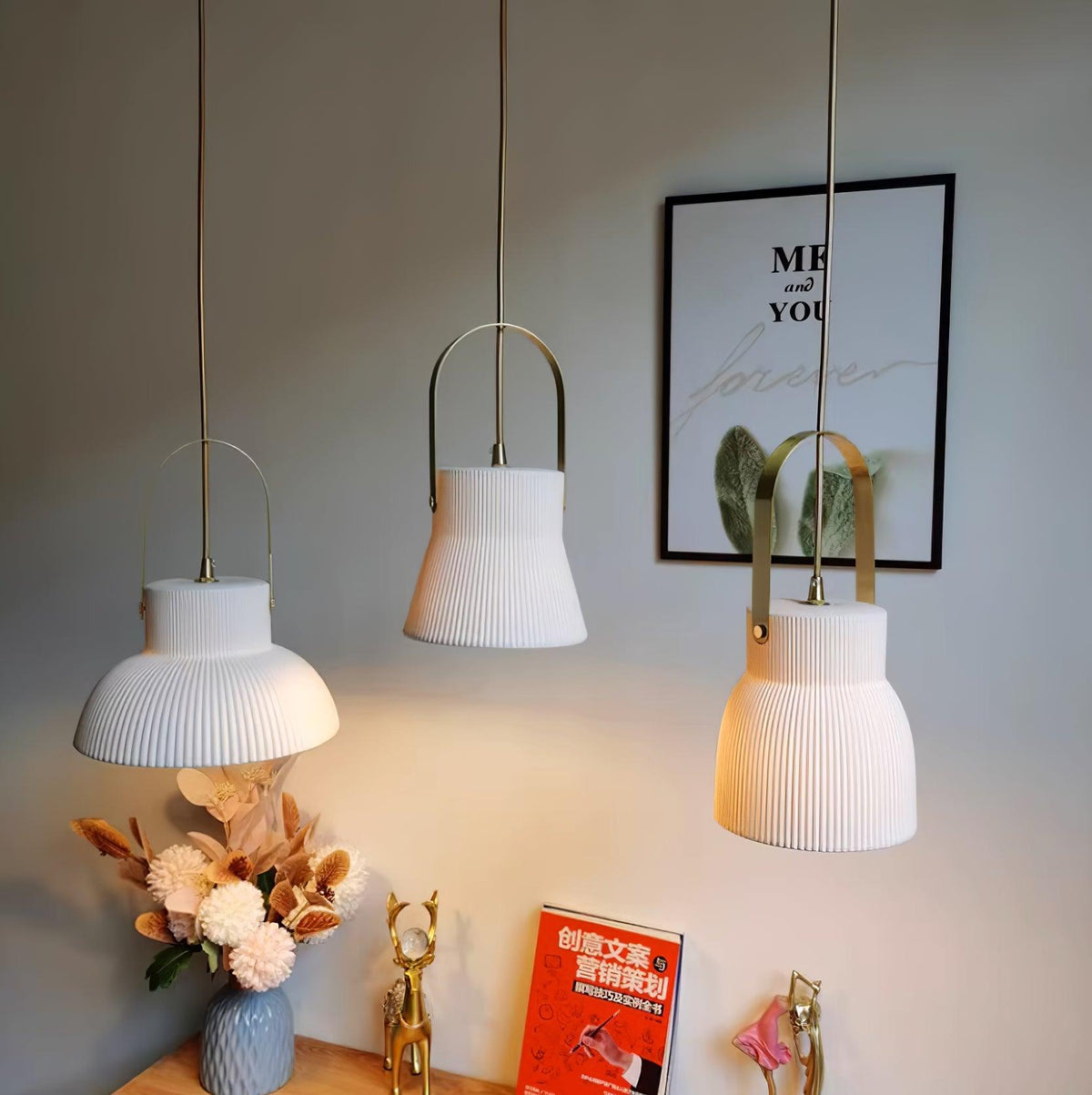 Ribbed White Ceramic And Brass Handle Pendant Lamp