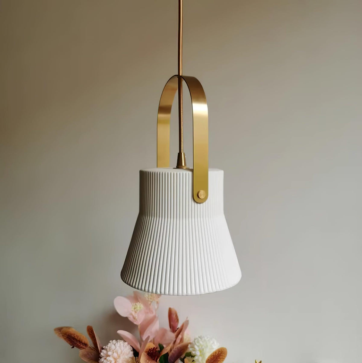 Ribbed White Ceramic And Brass Handle Pendant Lamp