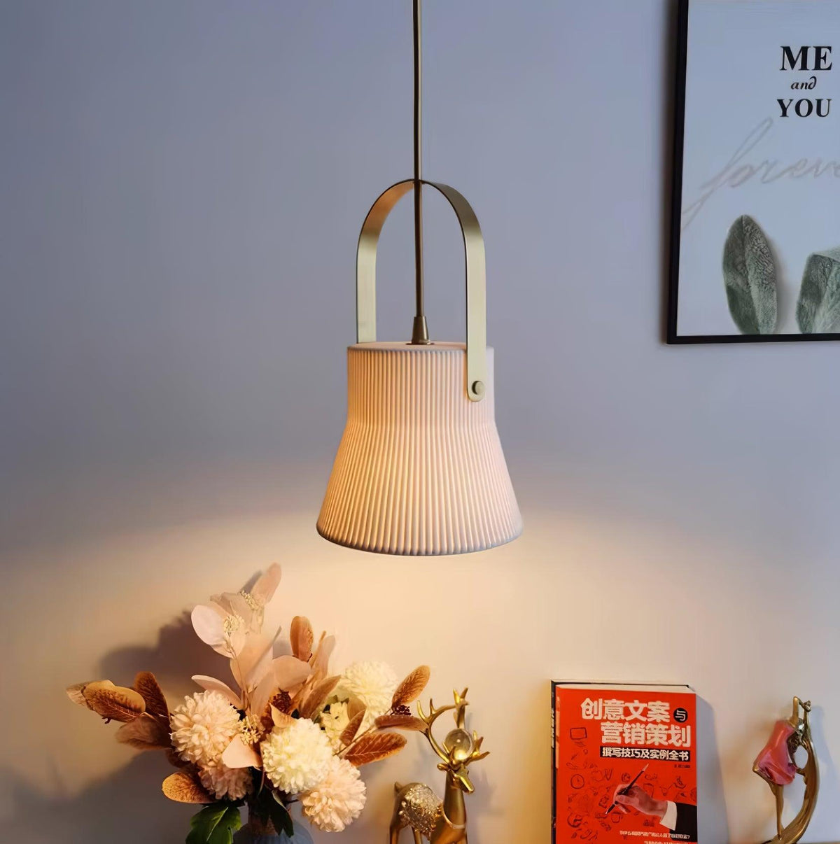 Ribbed White Ceramic And Brass Handle Pendant Lamp