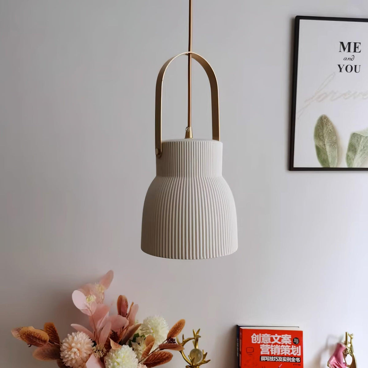 Ribbed White Ceramic And Brass Handle Pendant Lamp