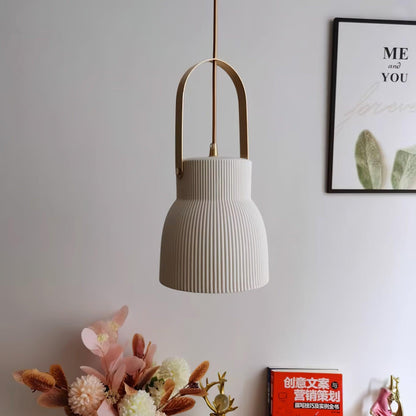 Ribbed White Ceramic And Brass Handle Pendant Lamp