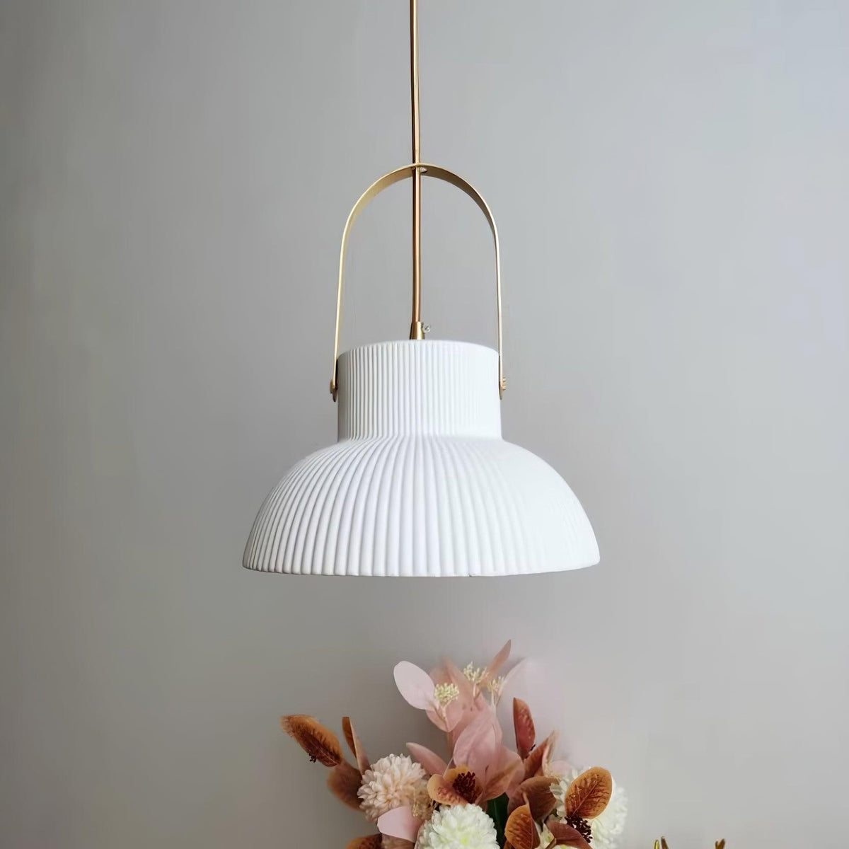 Ribbed White Ceramic And Brass Handle Pendant Lamp