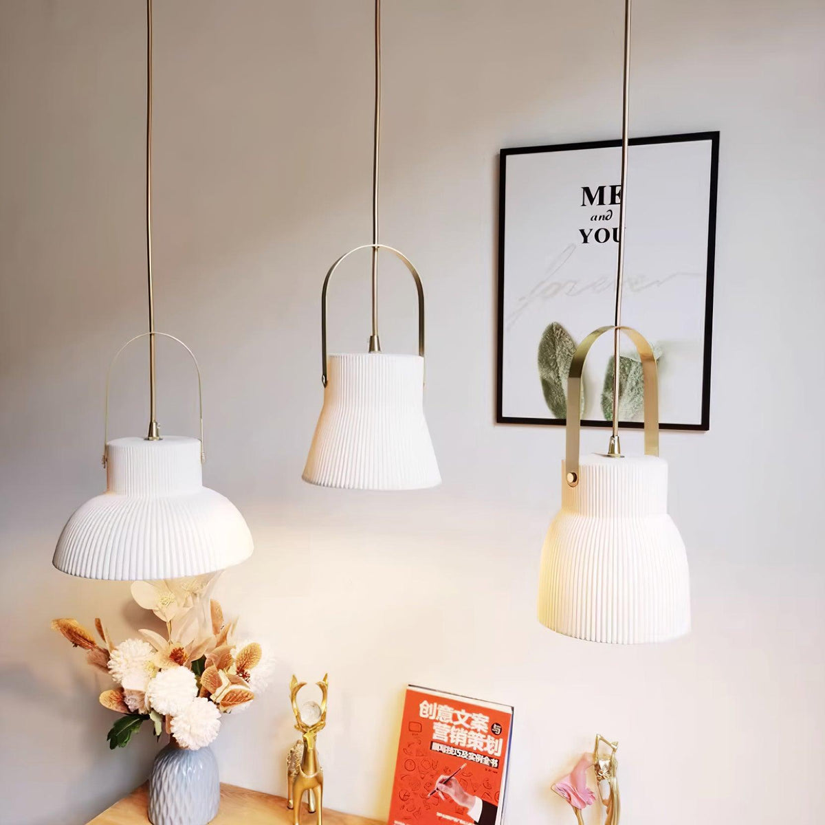 Ribbed White Ceramic And Brass Handle Pendant Lamp