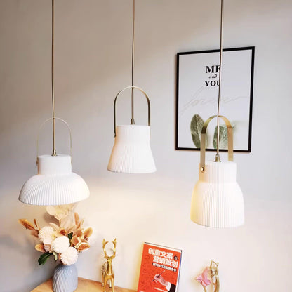 Ribbed White Ceramic And Brass Handle Pendant Lamp
