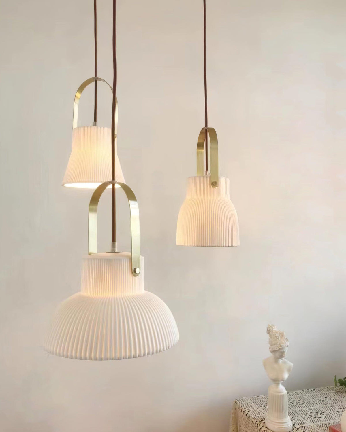 Ribbed White Ceramic And Brass Handle Pendant Lamp