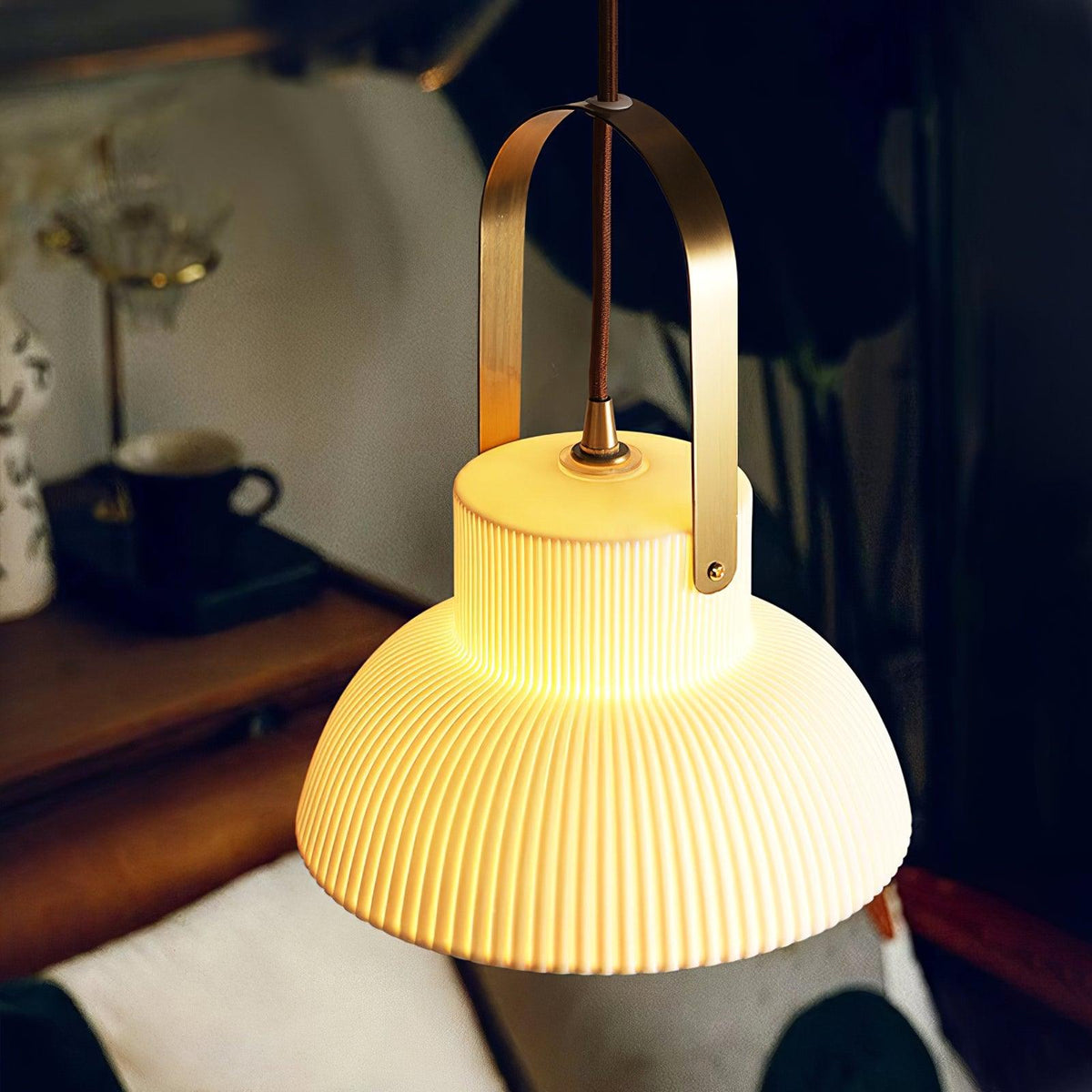 Ribbed White Ceramic And Brass Handle Pendant Lamp