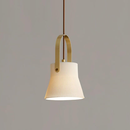 Ribbed White Ceramic And Brass Handle Pendant Lamp