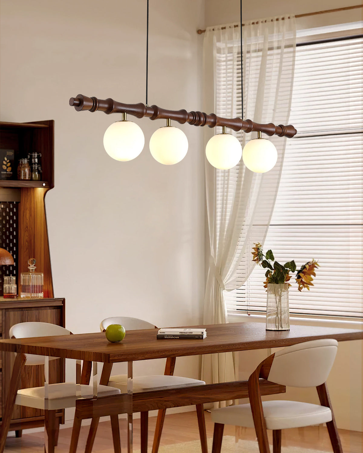 Adjustable Height Wooden Pendant Light With Glass Shade