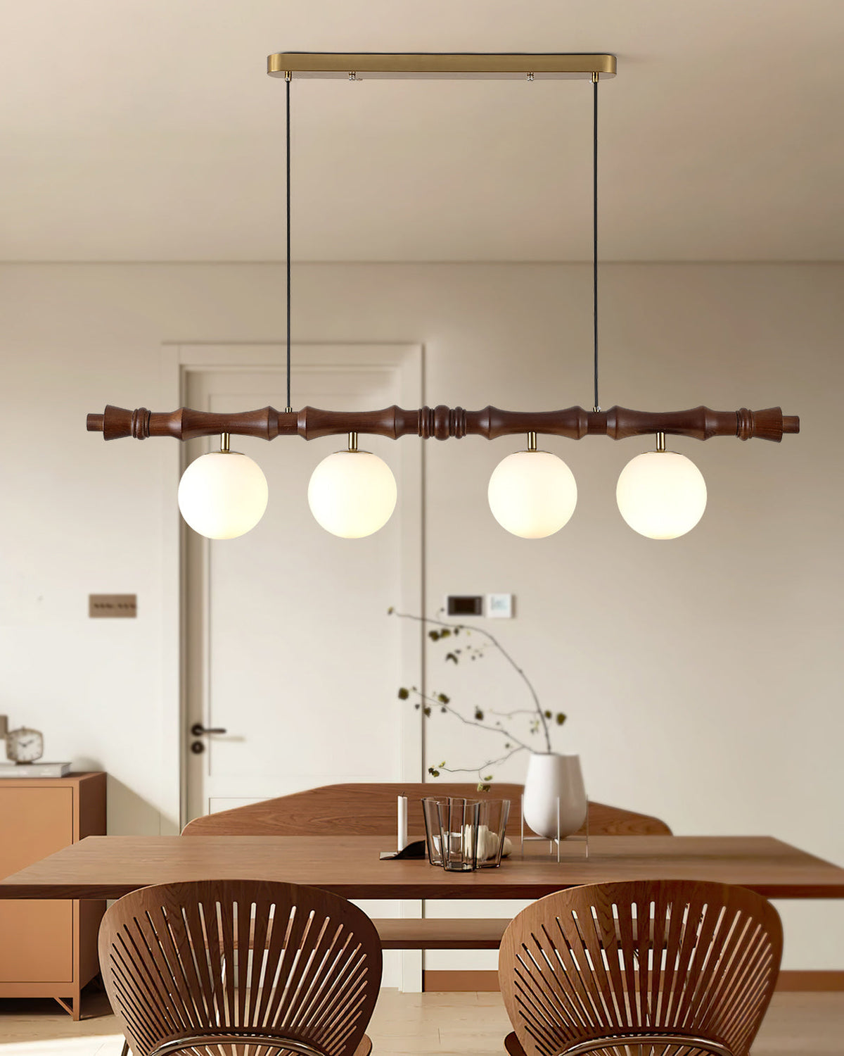 Adjustable Height Wooden Pendant Light With Glass Shade