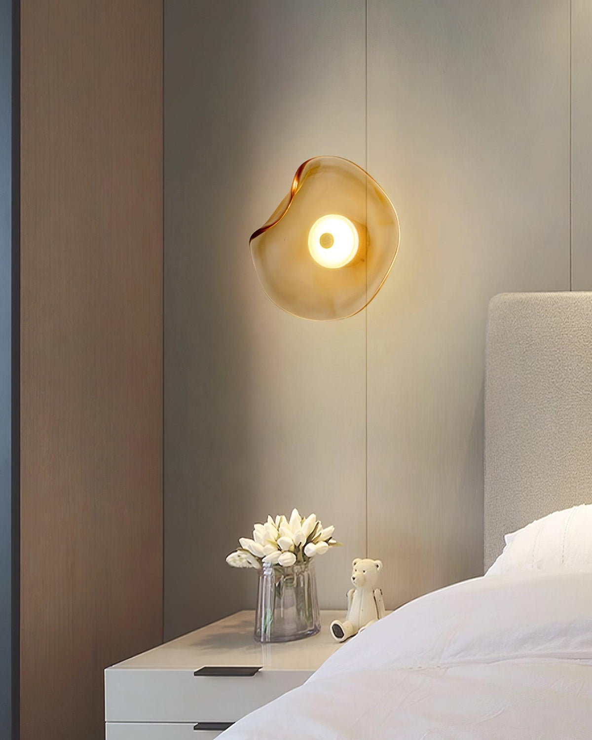 25cm Diameter Damp Rated Amber Glass Wall Light With Integrated LED