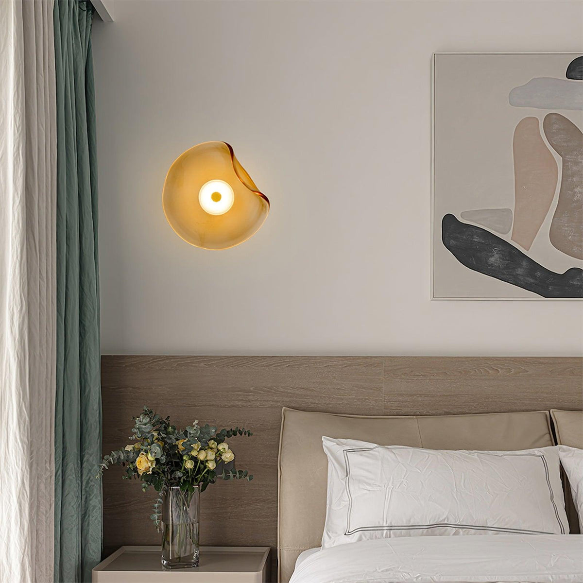 25cm Diameter Damp Rated Amber Glass Wall Light With Integrated LED