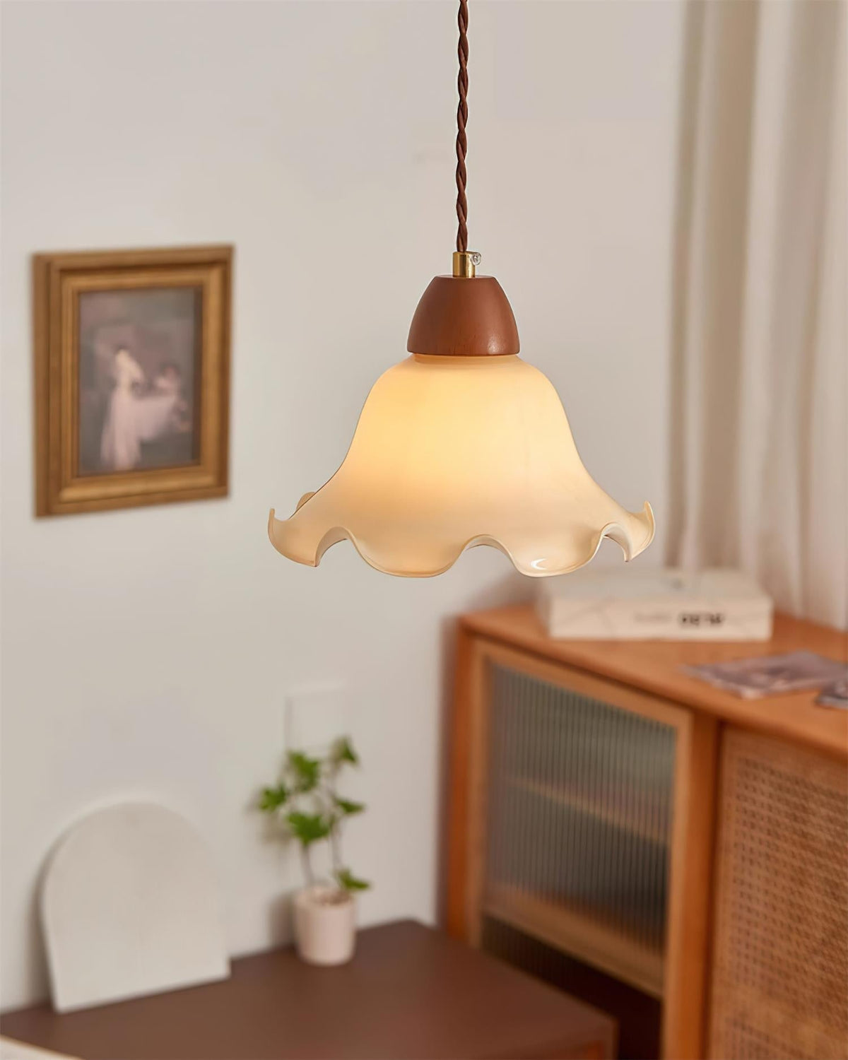 Soft Glow Glass And Walnut Wood Pendant Lamp