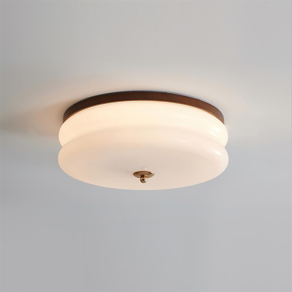 Integrated Led Double Layer Ceiling Light With Glass Disc Walnut Wood