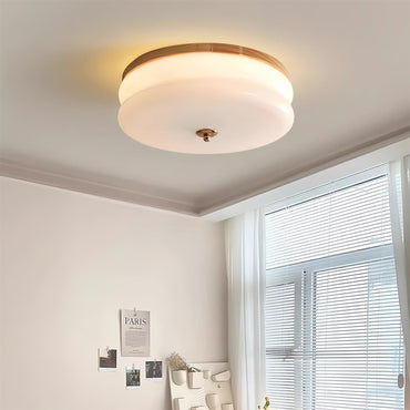 Integrated Led Double Layer Ceiling Light With Glass Disc Walnut Wood