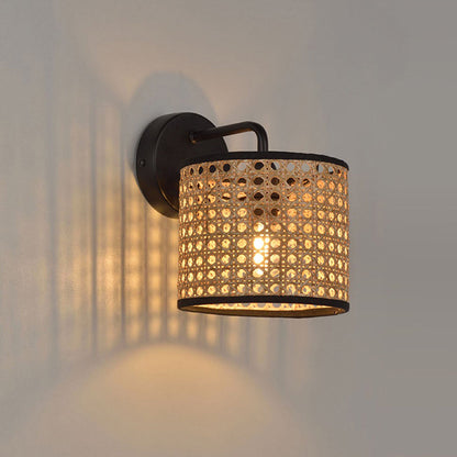Rattan Shade And Metal Frame Rustic Cylindrical Wall Lamp