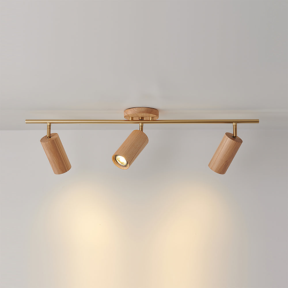 Four Head Wood And Brass Minimalist Ceiling Spotlight