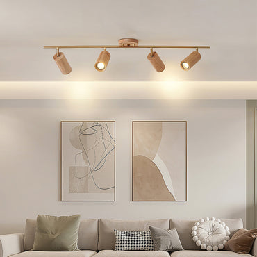 Four Head Wood And Brass Minimalist Ceiling Spotlight