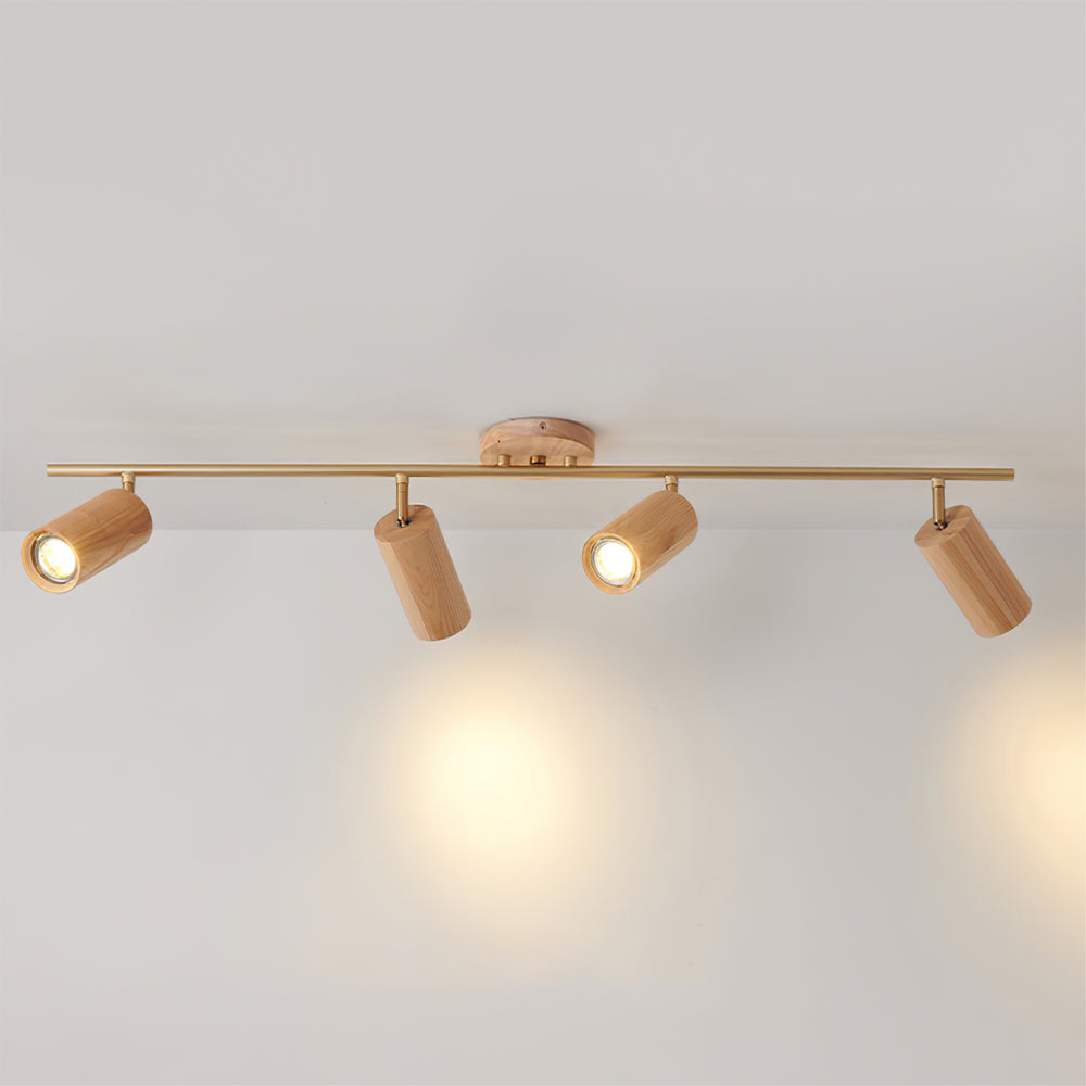 Four Head Wood And Brass Minimalist Ceiling Spotlight