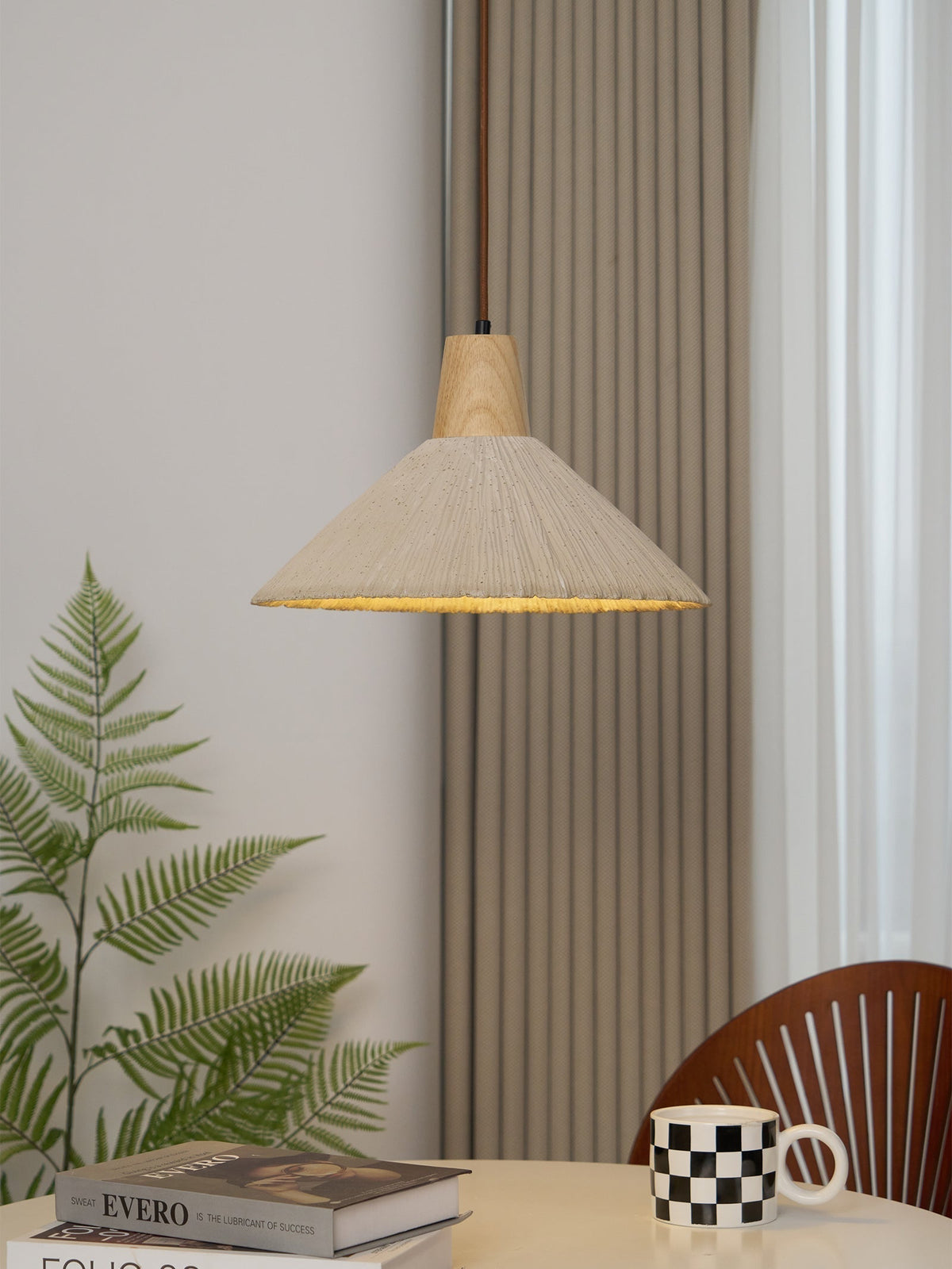 Soft Grey Finish Cement and Wood Pendant Lamp