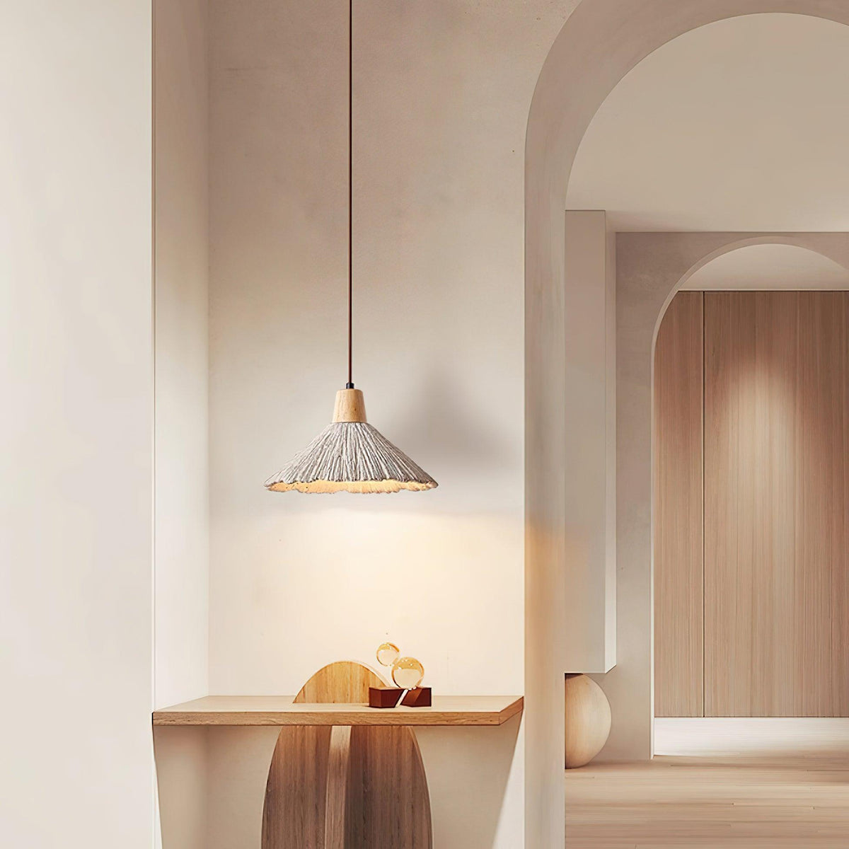 Soft Grey Finish Cement and Wood Pendant Lamp