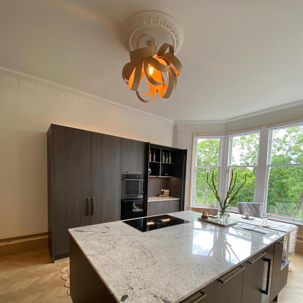 Metal Canopy Dimmable Walnut Wood Ribbon Ceiling Light