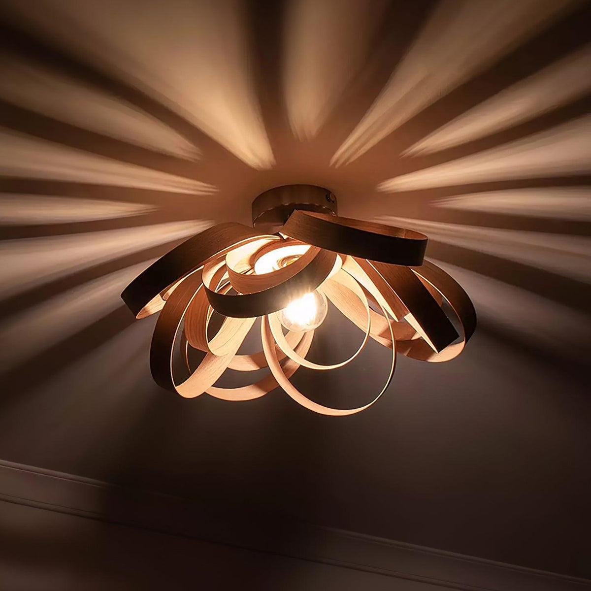 Metal Canopy Dimmable Walnut Wood Ribbon Ceiling Light