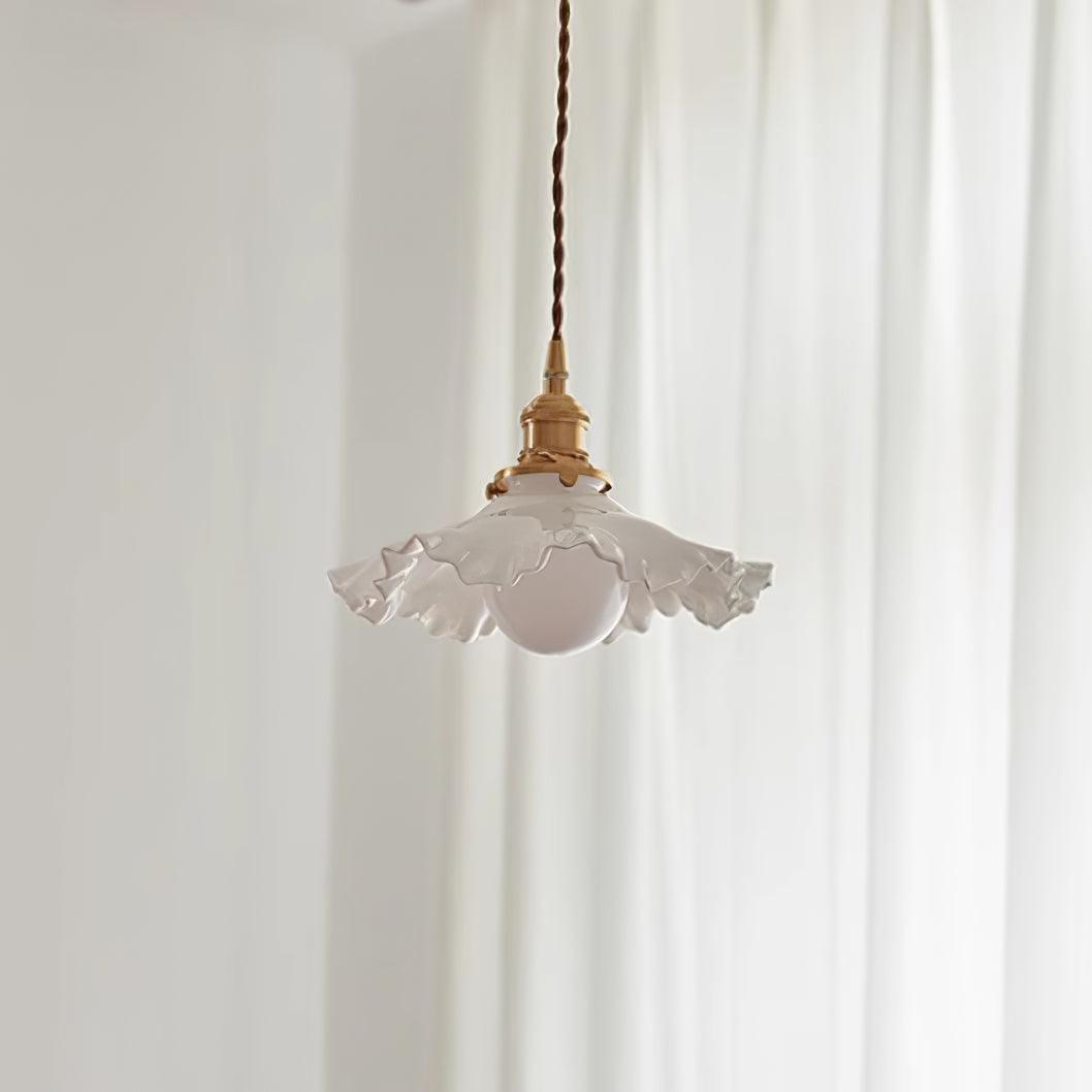 Glass Ruffle Shade Brass Pendant Lamp With Warm Glow