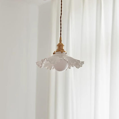 Glass Ruffle Shade Brass Pendant Lamp With Warm Glow