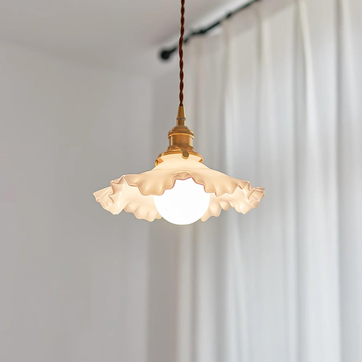 Glass Ruffle Shade Brass Pendant Lamp With Warm Glow