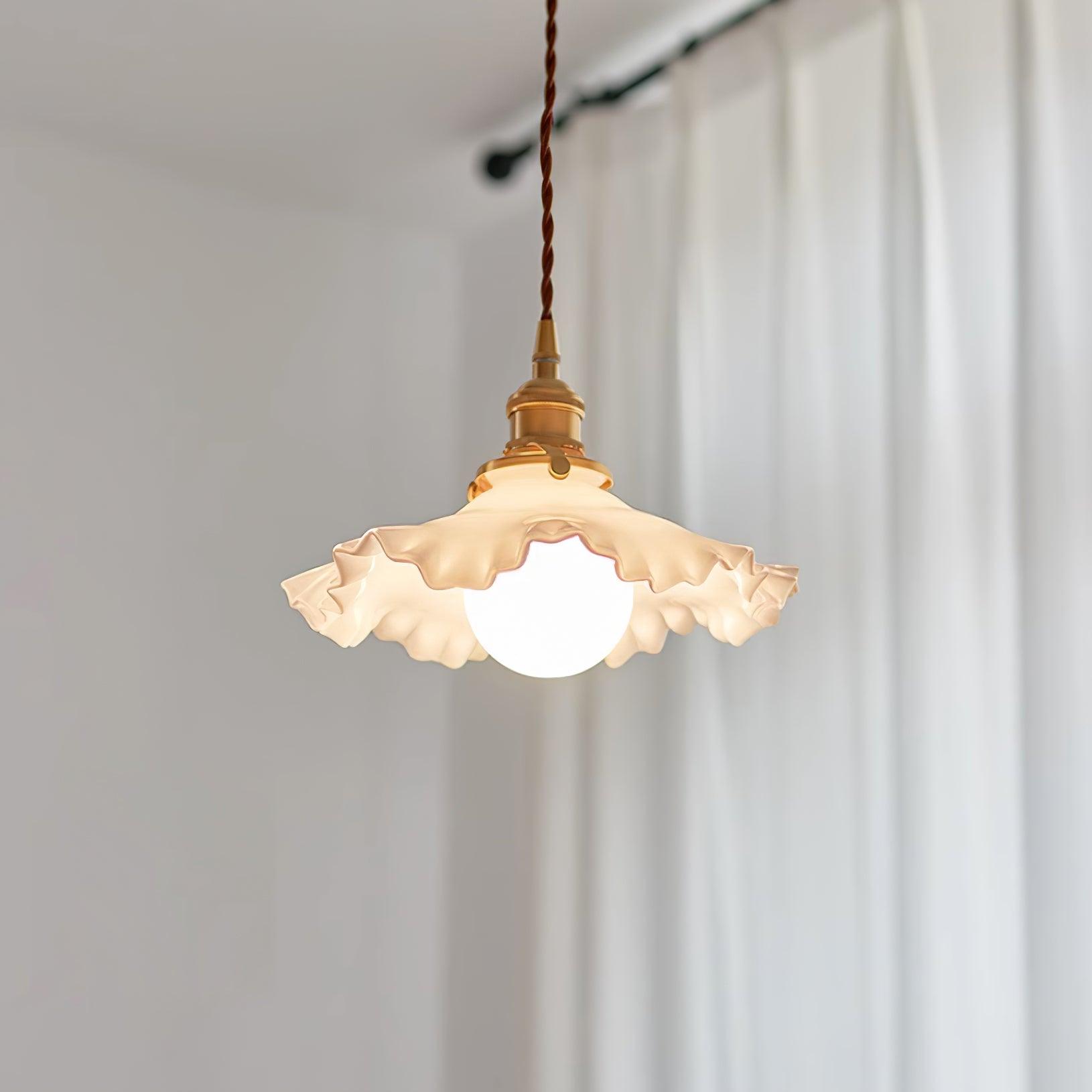 Glass Ruffle Shade Brass Pendant Lamp With Warm Glow