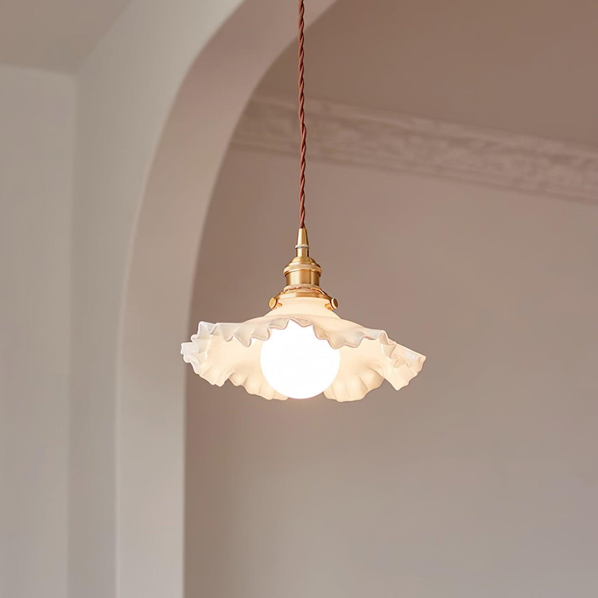 Glass Ruffle Shade Brass Pendant Lamp With Warm Glow