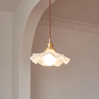 Glass Ruffle Shade Brass Pendant Lamp With Warm Glow