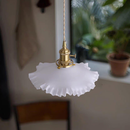 Glass Ruffle Shade Brass Pendant Lamp With Warm Glow