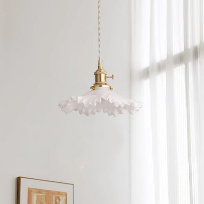 Glass Ruffle Shade Brass Pendant Lamp With Warm Glow