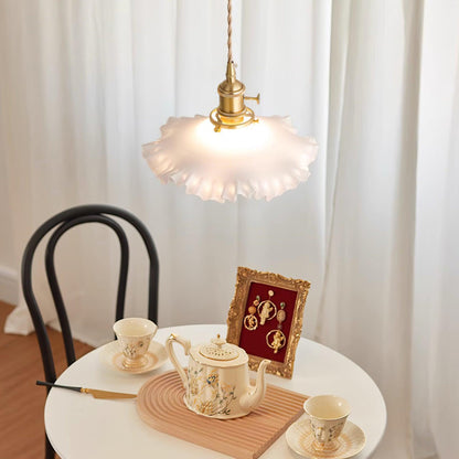 Glass Ruffle Shade Brass Pendant Lamp With Warm Glow