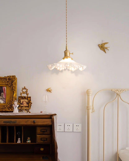 Glass Ruffle Shade Brass Pendant Lamp With Warm Glow